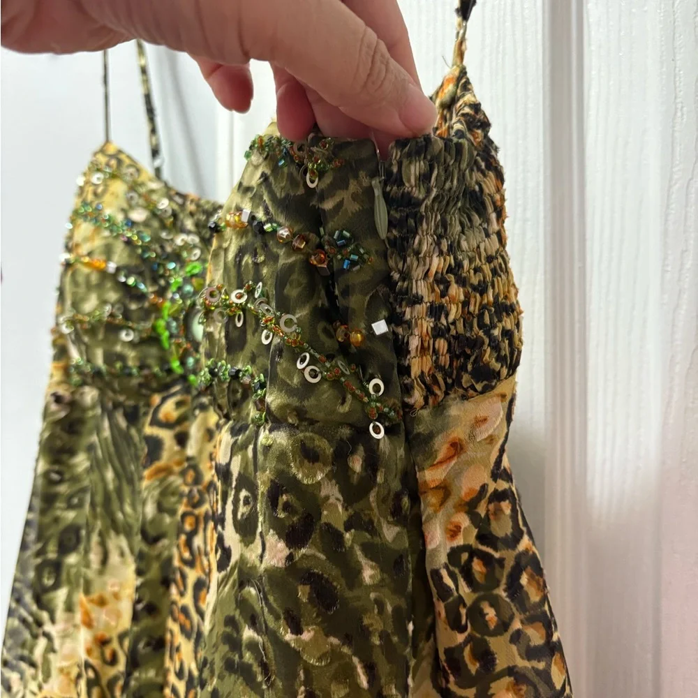 Sue Wong Vintage Y2K Silk Leopard Print Green Mini Dress Beaded Details Size 2 - Picture 4 of 4